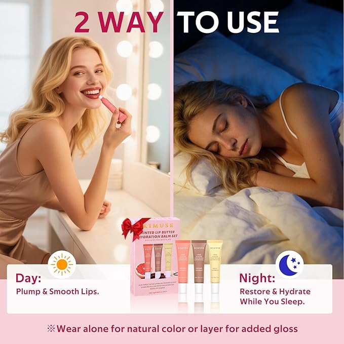 KIMUSE 3 Pack Tinted Lip Butter Hydration Balm, Hydrating Lip Treatment with Hyaluronic Acid & Vitamin E, Tinted Lip Balm for Instant Moisture, Shine & Hydration, Supple Lips, Vegan & Cruelty-Free