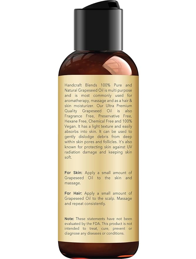 Handcraft Blends Grapeseed Oil - Cold-Pressed 4 Fl Oz - 100% Pure and Natural - Premium Grade Carrier Oil for Skin and Hair - Hair and Body - Massage - Hexane-Free