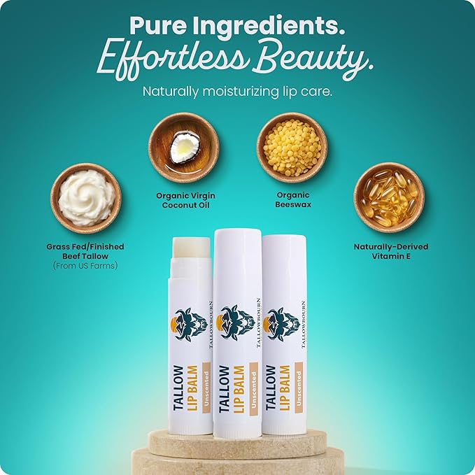 Moisturizing Tallow Lip Balm – Grass-Fed Beef Tallow with Organic Coconut Oil, Beeswax, and Vitamin E – Unscented Lip Balm Set – Travel Essential - 3-Pack