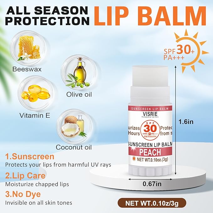 VISRIE SPF 30 Sunscreen Lip Balm, SPF Lip Balm Bulk 60 Count, Broad Spectrum UVA/UVB Lip Sunscreen Moisturize with Vitamin E and Coconut Oil- 10 Flavors