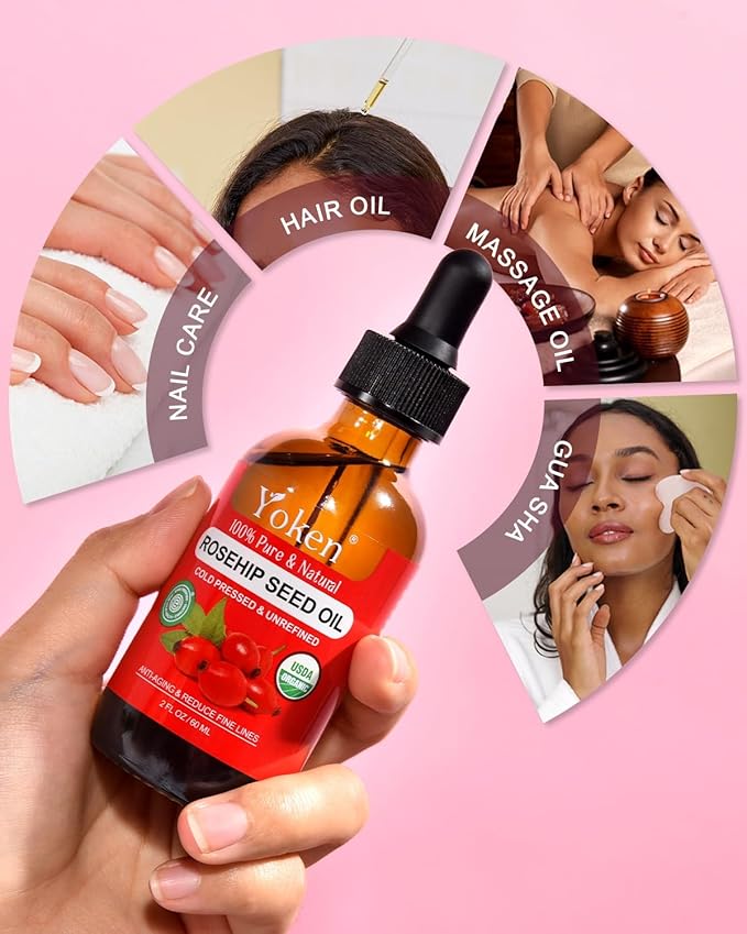 Yoken Organic Rosehip Seed Oil for Face, 100% Pure and Natural Cold Pressed Unrefined Rosehip Oil Carrier for Skin, Hair & Nails - Lightweight, Fast-Absorbing (2 fl oz)