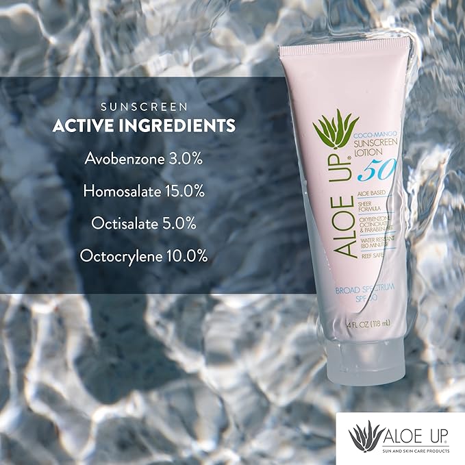 Aloe Up White Collection SPF 50 | Sunscreen Lotion for Face & Body with Aloe Vera Gel | Water Resistant up to 80 Minutes | Reef Friendly, Non Greasy, Fast Absorbing | Coco Mango Fragrance 4 Oz