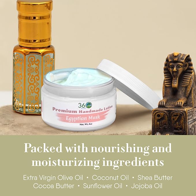 360Feel Egyptian Musk Body Lotion - Hydrates with Coconut & Olive Oil, Plant-Based, Non-Greasy, Sensitive Skin, All Day Use