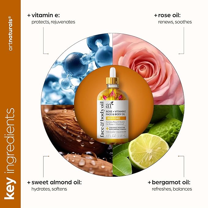 Artnaturals Organic Rose + Vitamin E Face Oil 4.0oz - for Body & Hair - 100% Natural, Moisturize, Rejuvenate & Enhance your skin - Anti-Aging Moisturizer Facial Oil for Fine Lines, Scars & Wrinkles