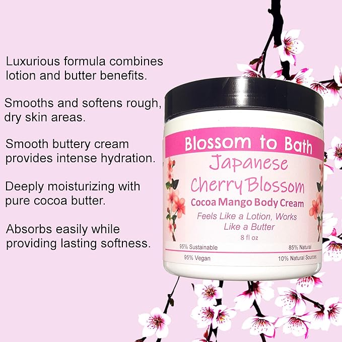 Japanese Cherry Blossom Cocoa Mango Body Cream (8 Ounce) - Phthalate Free Fragrance - Feels Like A Lotion And Works Like A Butter with an Elegantly Blossoming Scent