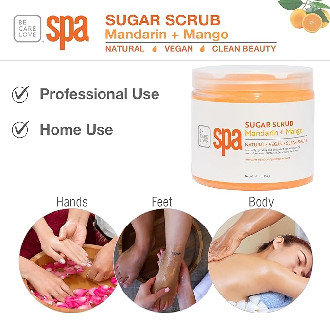 BCL Spa Mandarin Mango Sugar Scrub - Professional Exfoliating Body Scrub with Organic Essential Oils, Natural Skin & Body Care, Made in USA, 16 oz