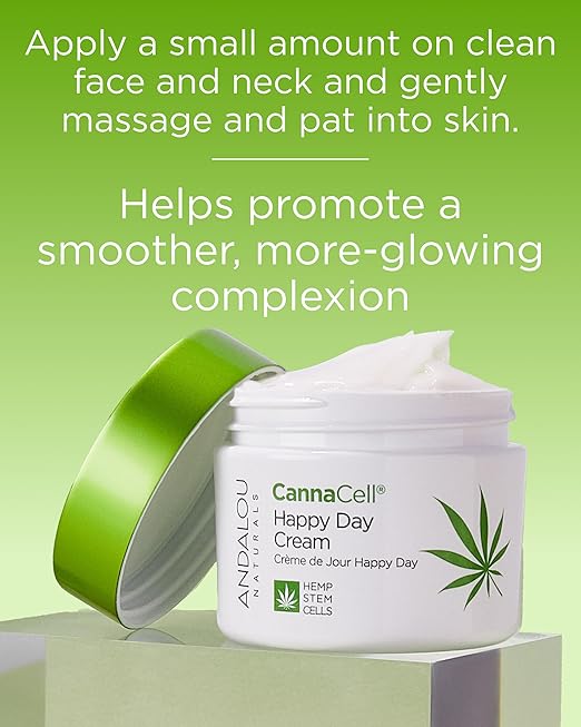 Andalou Naturals Cannacell Happy Day Cream - Hydrating Face Moisturizer with Nourishing Stem Cells - Rich in Vitamins, Plant-Based Proteins, & Omegas for Glowing Skin - 1.7 Fl Oz