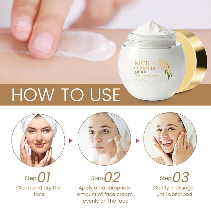 Rice Ceramide Moisturizing Cream, Vitamin E & Hyaluronic Acid Infused for Damaged Skin Barrier, Firms & Nourishes Dry Combination Skin, Hydrating & Glowing Women Face Moisturizer, Cruelty-Free, 4.59oz