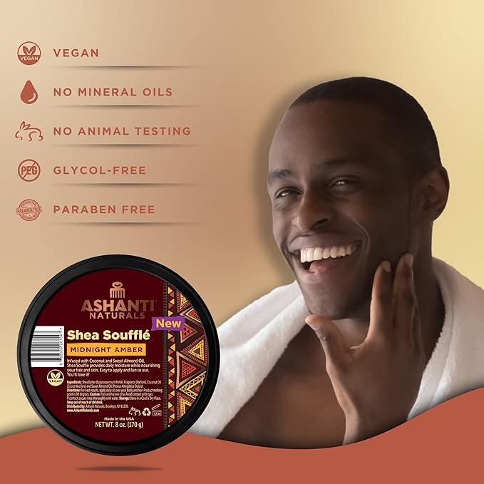 Ashanti Naturals Scented Whipped Shea Butter | Unrefined Shea Butter from Ghana, Coconut and Almond Oil | Creamy, Moisturizing, Soothing (Midnight Amber Souffle, 8 oz)