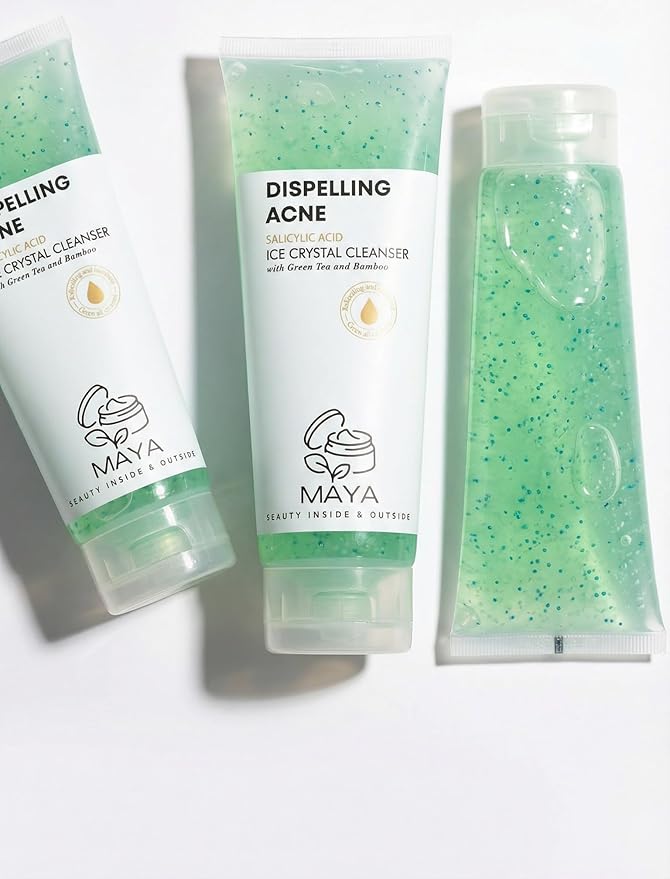 MAYA Ice Crystal Salicylic Acid Cleanser – 2% BHA Acne Face Wash with Green Tea and Bamboo, Exfoliating Ice Scrub, Removes Dead Skin & Clears Pores – 120 g