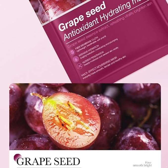 Hydrating Facial Mask Sheet Set of 5, Moisturizing Face Mask for Smooth and Supple Skin, Refreshing Self Care Beauty Grape Seed One Size
