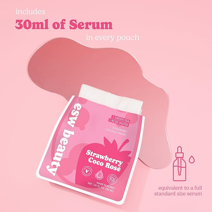 ESW Beauty Strawberry Coco Rosé Soothing Face Mask - Hydrating, Calming, Vegan Face Mask with Coconut Water, Green Tea, & Strawberry Extract for Sensitive Skin