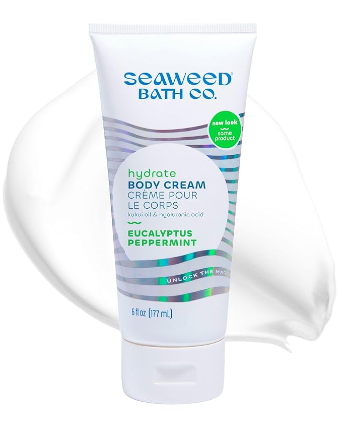 Seaweed Bath Co. Hydrate Body Cream - Eucalyptus Peppermint - Hydrating Scented Moisturizer for Body and Hands - With Vitamin E, Hyaluronic Acid and Shea Butter for Dry Skin - 6 oz