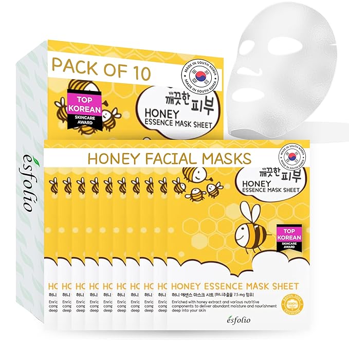 esfolio Honey Essence Face Mask – Hydrating & Nourishing Sheet Mask for Dry, Dull, Sensitive Skin – Moisturizing Face Treatment with Natural Honey Extract (Pack of 10)