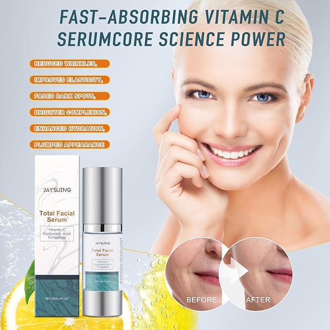 Super Vitamin C Serum for face, with Hyaluronic Acid & Peptides - Anti Aging Face Serum for Women & Men, Dark Spot Corrector for Firming, Hydrating Treatment to Reduce Wrinkles & Fine Lines, 1 fl oz