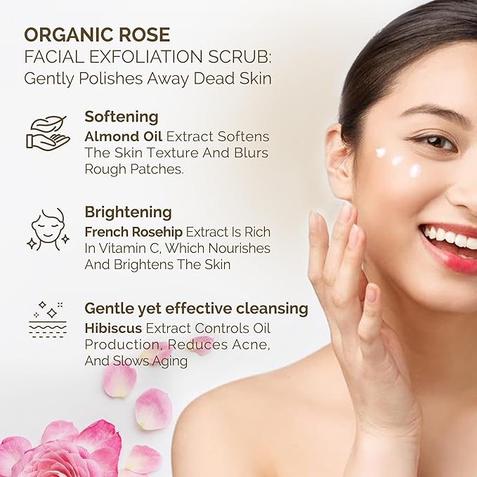 Rose Face Scrub with Pumice – Gentle Vegan Exfoliator for Radiant Skin, Natural Facial Polish with Organic Rose Water & Shea Butter – 60ml