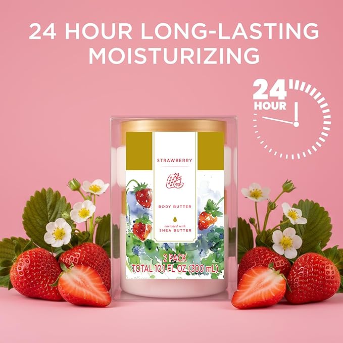 Princess Belle Strawberry Body Butter, Shea Body Butter and Body Moisturizer for Dry Skin, Smell Good, Strawberry Gifts for Women-2 Pack (3.4floz + 6.8 floz)
