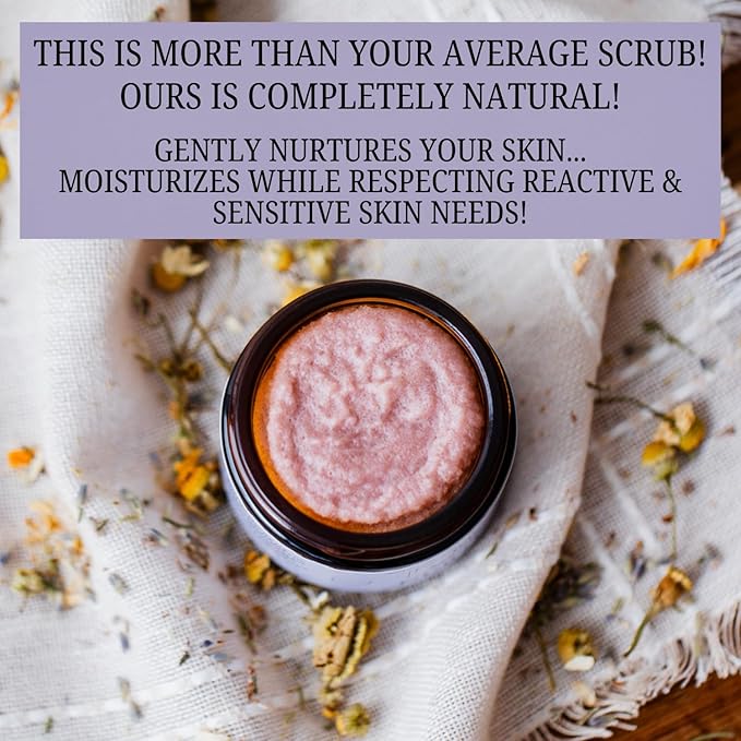 Emulsified Face Sugar Scrub, Organic squalane oil/Castor oil: infused Chamomile, Kokum Butter, Purple Clay, Colloidal Oatmeal, Manuka Honey-Gentle exfoliant: Dry/Sensitive/Acne-Prone (NURTURE)