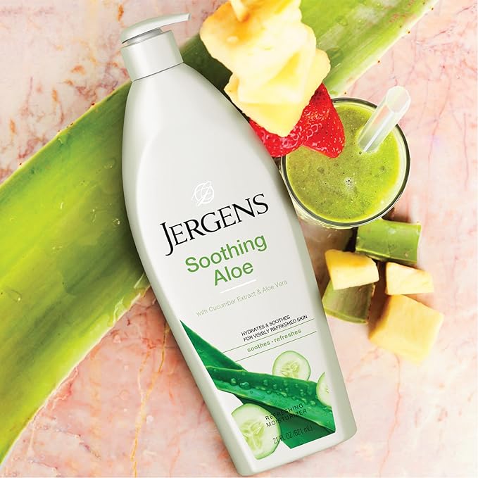 Jergens Soothing Aloe Body Lotion, Aloe Vera Body and Hand Moisturizer, Illuminating Hydralucence Blend, with Cucumber Extract, Dermatologist Tested, 21 Oz (Pack of 2)