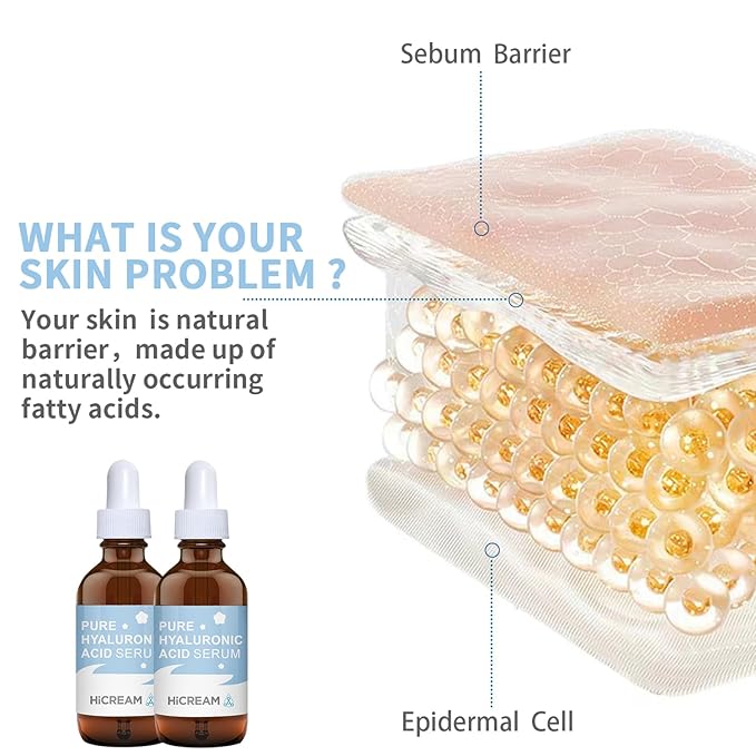 Hicream Hyaluronic Acid Serum for Face, Brightening Serum - Even Skin Tone&100% Pure Anti Aging, Intense Hydrating Moisturizer, Non-Greasy, Paraben-Free, Water-Based Skincare for All Skin Types (2 Oz)