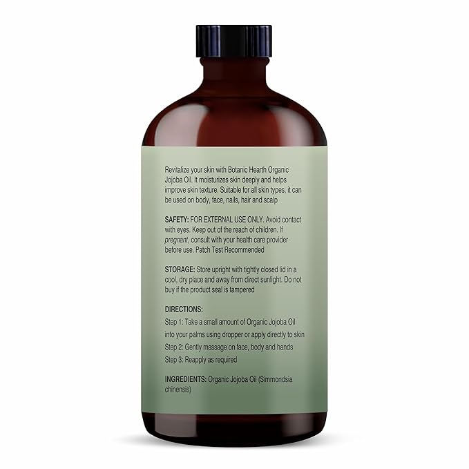 Botanic Hearth USDA Organic Jojoba Oil 4 Fl Oz |100% Pure and Natural- Cold Pressed & Hexane Free Natural Hair Growth Oil for Eyelashes, Eyebrows, Skin, Body, Face, Nails & Scalp