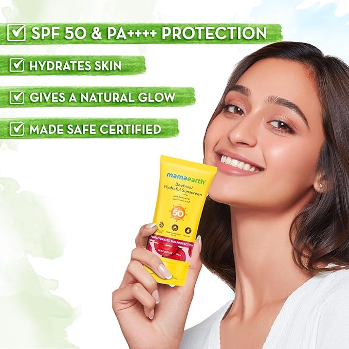 Mamaearth Beetroot Hydraful SPF 50 Sunscreen with PA++++ | Gives Natural Pink Glow with Sun Protection | Deeply Hydrates with Hyaluronic Acid | 1.76 Oz/50g