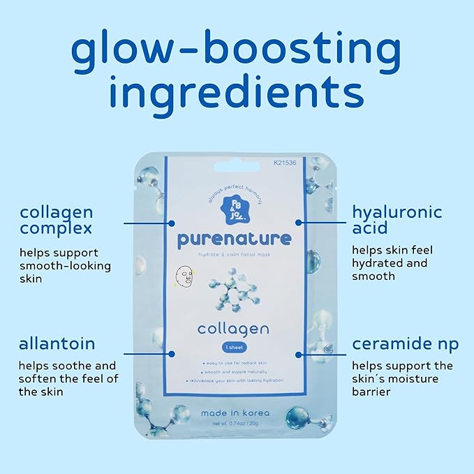 PB & JAY Purenature Facial Mask – Premium Quality Korean Sheet Mask for Firm, Supple Skin – Korean Collagen Essence Hydrating Facemask Sheet (Collagen)