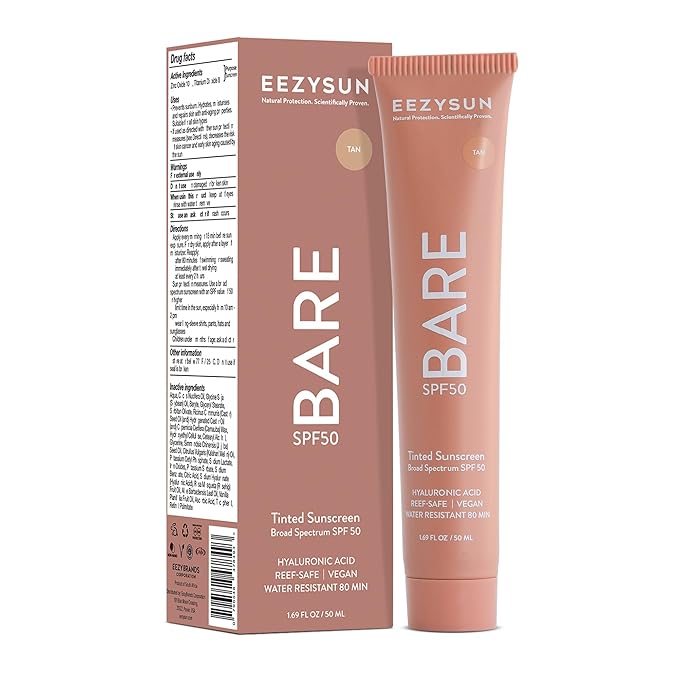 EEZYSUN BARE Tinted Sunscreen for Face SPF 50 - Non-Greasy, Weightless, Water-Resistant, Vegan & Reef-Safe Tinted Moisturizer with SPF, Hyaluronic Acid, Jojoba Oil - All Skin Types, 1.69 fl oz - Tan