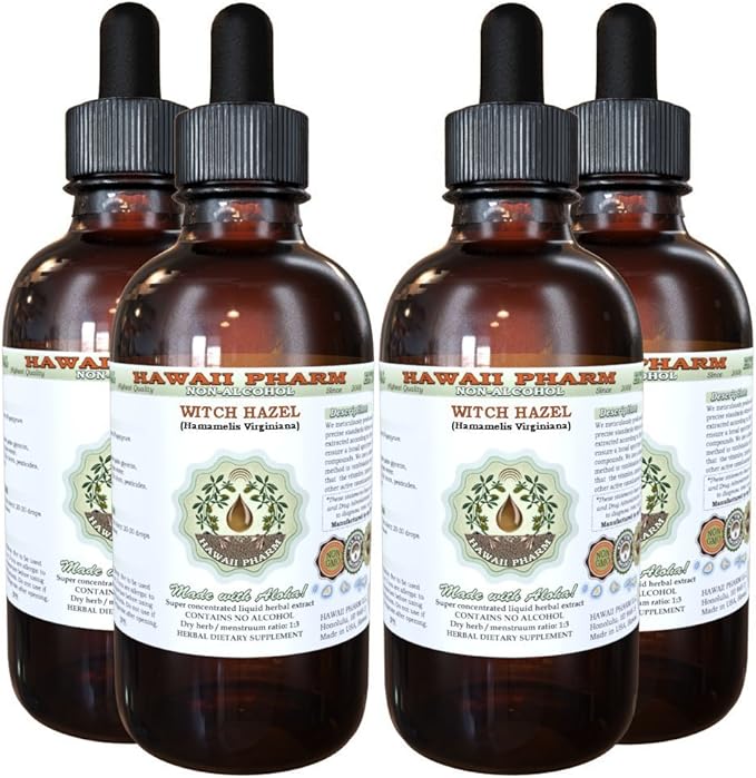 Hawaii Pharm Witch Hazel Alcohol-Free Liquid Extract, Witch Hazel (Hamamelis Virginiana) Dried Leaf Glycerite Natural Herbal Supplement, USAt 4x4 fl.oz