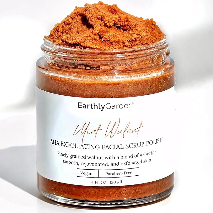 Earthly Garden Mint Walnut Exfoliating Face Scrub with AHA – Natural Microdermabrasion & Deep Pore Cleanser for Blackheads, Acne Scars & Glowing Skin – 2 oz