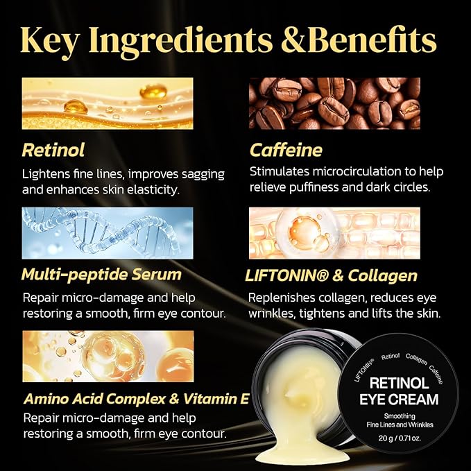 Men Retinol Under Eye Cream Anti Aging Eye Cream with Caffeine, Hyaluronic Acid, Peptides - for Dark Circles, Puffiness & Fine Lines, Firming & Brightening Under Eye - 20ml