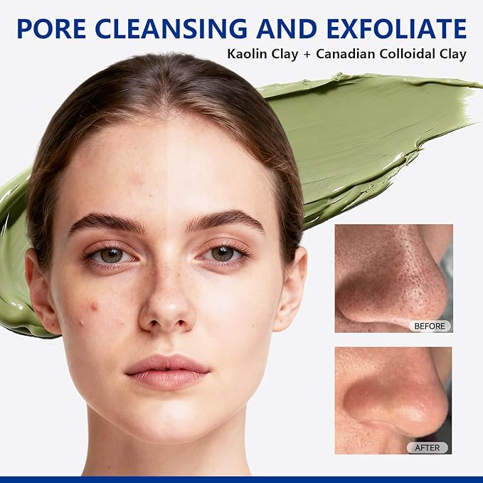 Deep Pores Cleansing Green Clay Mask for Face, Zero Pore Blackhead Mud Facial Mask with Mung Bean for Soothing Oil Control, Mud Mask with Brush for All Skin Types, 5.3 oz Large Size