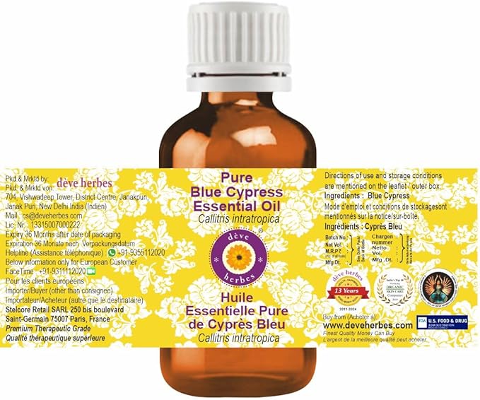 dève herbes Pure Blue Cypress Essential Oil (Callitris intratropica) Natural Therapeutic Grade Steam Distilled 30ml (1 oz)