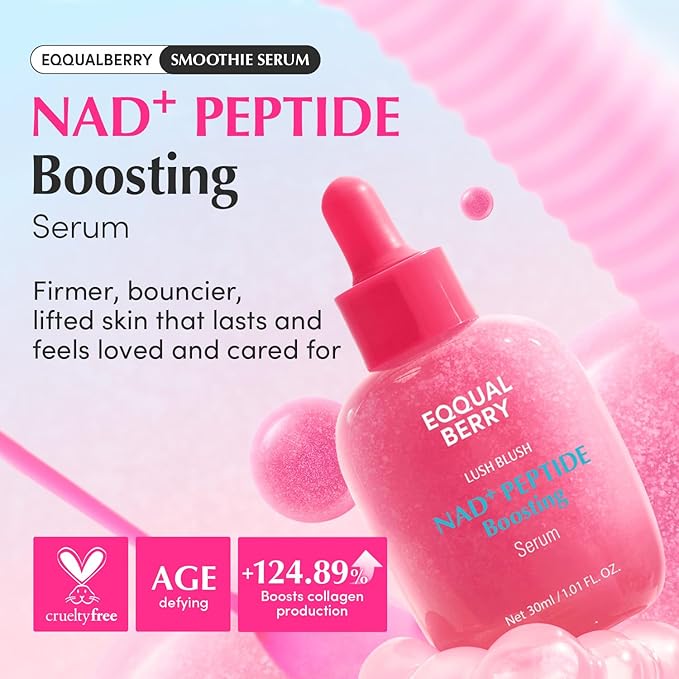 EQQUALBERRY NAD+ Peptide Boosting Serum – Niacinamide 2% + 14 Peptides + Vegan Collagen Anti-Aging Korean Skincare Face & Neck & Body Serum | Firming & Lifting Pink Serum (1.01oz / 30ml)