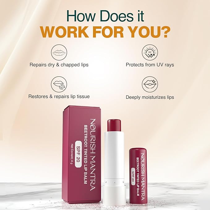 NOURISH MANTRA Beetroot Tinted Lip Balm with SPF 20 | Lip Balm for Chapped & Dry Lips | Enriched with Almond Oil, Shea Butter & Beetroot | Suits All Skin Types | For Men & Women | 4gm