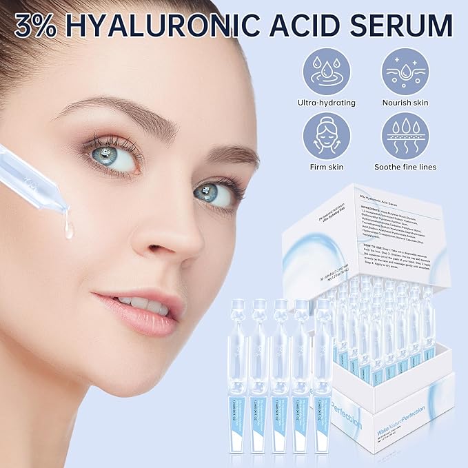 3% Hyaluronic Acid Serum Ultra-Hydrating Vials, 30pcs Hyaluronic Acid Tubes, Wake Nature Perfection, Hyaluronic Serum for Face, Ultra Hydrating Essence with Collagen & Hyaluronic