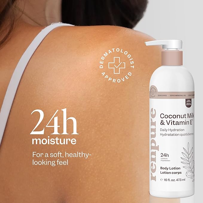 Renpure Coconut Milk & Vitamin E Hydrating Body Lotion – 24HR Moisturization – Lightweight Daily Hydration – For All Skin Types – Coconut Oil & Vitamin E – 16 Fl Oz Each, 2 Pack