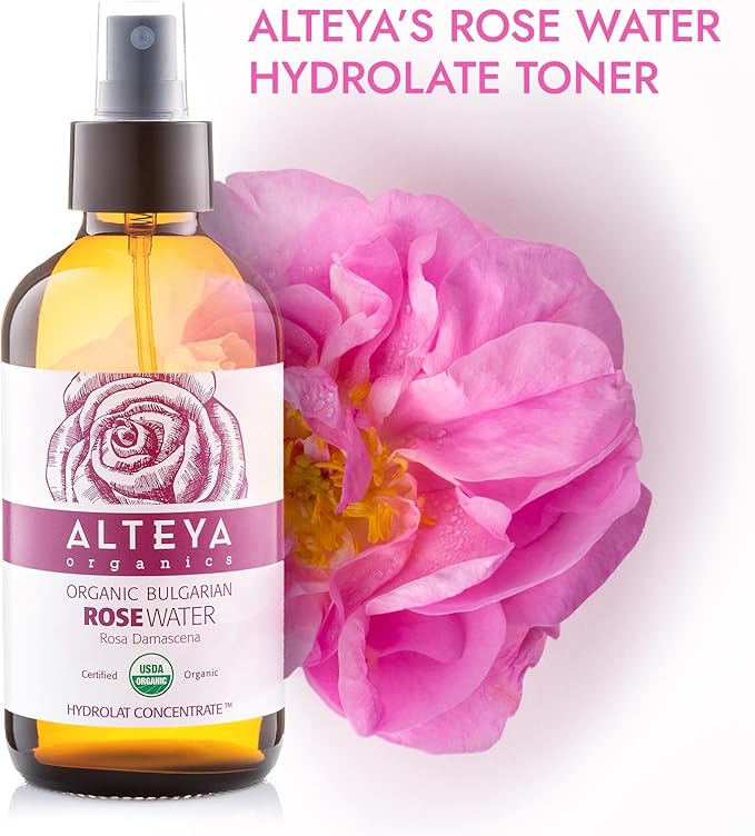 Alteya Organics Rose Water USDA Certified Organic Facial Toner, 4 Fl Oz/120mL Pure Bulgarian Rosa Damascena Flower Water, Award-Winning Moisturizer Amber Glass Spray Bottle