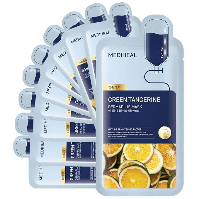 Mediheal Dermaplus Green Tangerine Mask (10 Counts) - Daily Vegan Mask for Toning Skin with Panthenol & Hyaluron, Korean Self Skin Care Sheet Mask