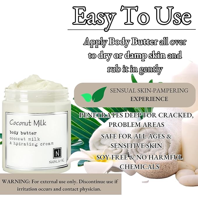 Nabila K Body Butter - Daily Moisturizer for Body Care - Skin Hydrating Deep Moisturizing - Natural Ingredients - Coconut Milk - 9 oz