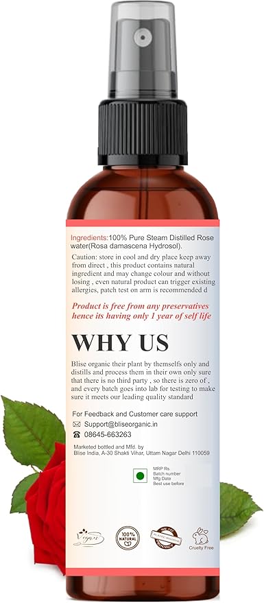 Blise organic Rose Water -100% Pure, Natural and Organic, Free from Preservatives, Steam distilled from finest rose petals, Alcohol-Free, Vegan & Cruelty Free