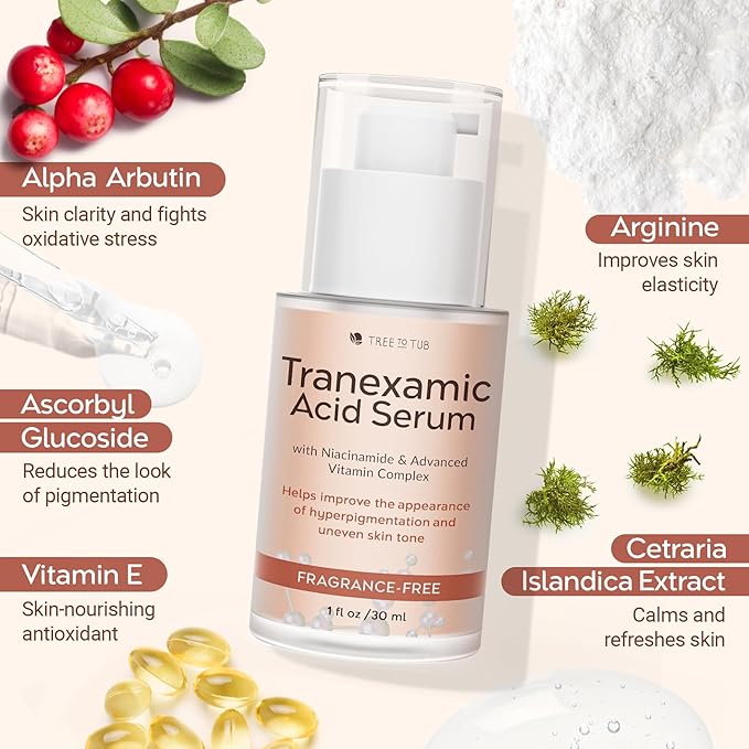 Tree To Tub Tranexamic Acid Serum for All Skin Types - Reduce the Look of Dark Spots w/Alpha-Arbutin, Hyaluronic Acid, & Vitamin C - Hydrating, Vegan Formula for Radiant, Even-Looking Skin