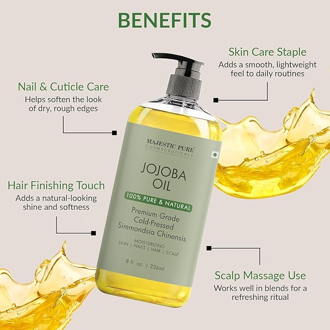 Majestic Pure Jojoba Oil - 100% Pure & Natural - Premium Grade, Cold-Pressed, Hexane-Free Carrier Oil for Skin, Hair and Body - Moisturizing Skin, Hair and Scalp - 8 Fl Oz