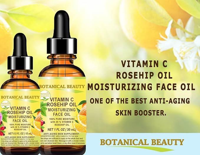 Botanical Beauty VITAMIN C ROSEHIP OIL Moisturizing Face Oil Anti-aging, Regenerating and Nourishing 20% Vitamin C, Pure Rose Hip Oil 1 Fl. Oz - 30 ml