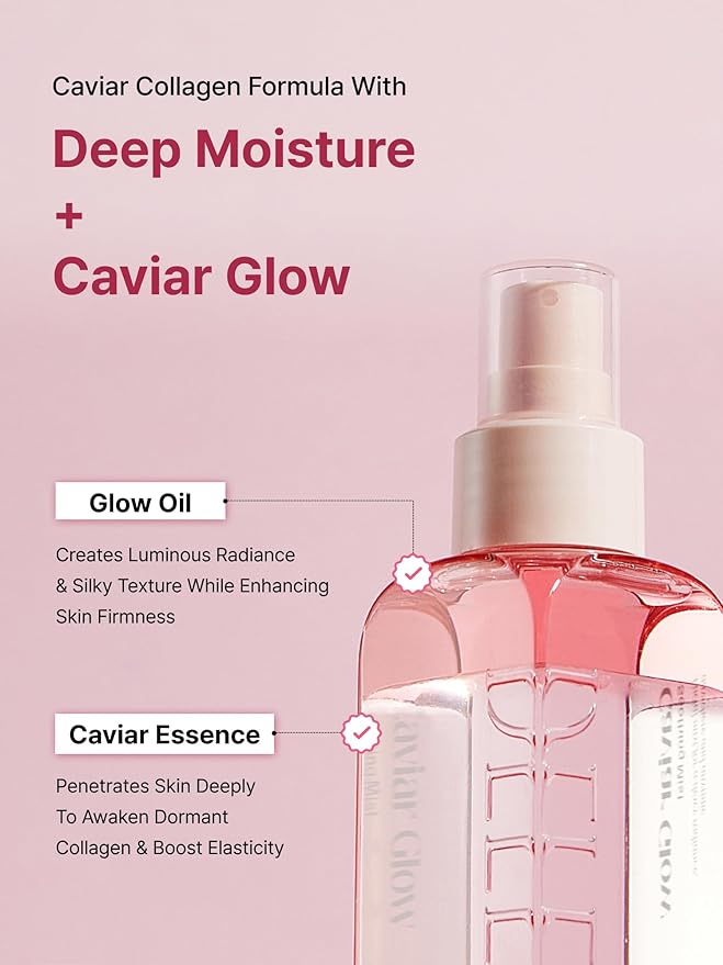 Delere Caviar Glow Soothing Mist | Korean Glass Skin Spray Serum with 5% Caviar & Squalane - Instant 3-Second Radiance & Makeup Setting – Anti-Aging Collagen Booster for Sensitive Skin, 3.4oz