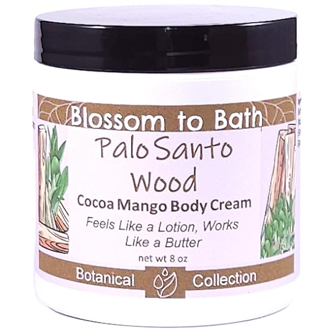 Blossom to Bath Palo Santo Wood Cocoa Mango Body Cream (8 Ounce) - Natural Fragrance - Feels Like A Lotion And Works Like A Butter with a Spa Inspired Herbal Scent