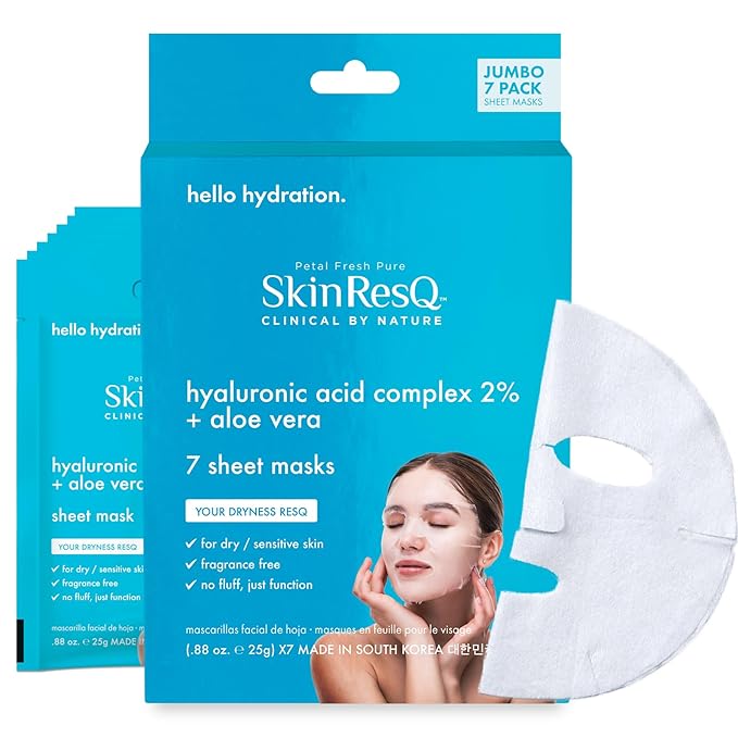 Petal Fresh Skin ResQ Hello Hydration Sheet Mask with Hyaluronic Acid Complex 2% + Aloe Vera, JUMBO 7 Pack, Hydrating Korean Face Mask for Dry & Sensitive Skin, Soothing, Fragrance-Free, Vegan
