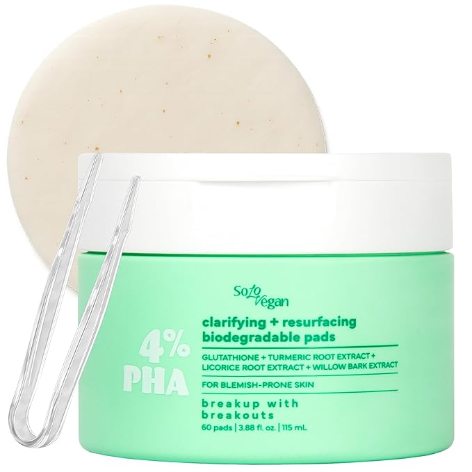 SoloVegan 4% PHA Toner Pads | Vegan Korean Skincare for Sensitive, Acne-Prone Skin, Before Makeup, Morning Routine Selfcare, (Toner Pads, 60 ct)