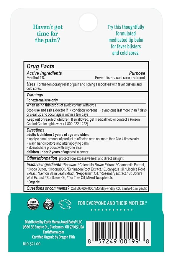 Earth Mama Medicated Herbal Lip Balm | Organic Lip Balm with Menthol for Fever Blister & Cold Sore | Refreshing Menthol Mint Lip Care, 0.15 oz (2-Pk)