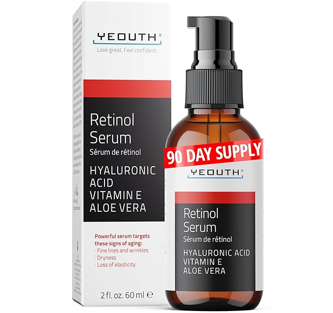 YEOUTH Retinol Serum for Face with Hyaluronic Acid & Vitamin E, Hydrating Retinol Face Serum for Women & Men, Facial Skin Care for Even Skin Tone - 2oz